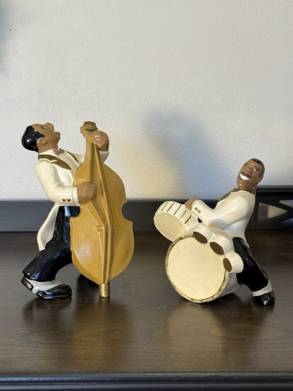 Vintage West Coast Pottery Ca. Ceramic Jazz Figures Drum & Cello Set of 2